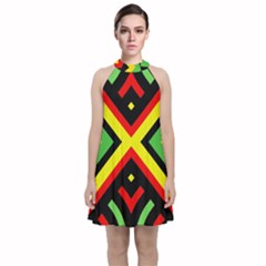 Reggae Vintage Geometric Vibrations Velvet Halter Neckline Dress 