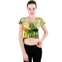 Awesome Funny Mushroom Skulls With Roses And Fire Crew Neck Crop Top by FantasyWorld7