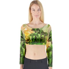 Awesome Funny Mushroom Skulls With Roses And Fire Long Sleeve Crop Top by FantasyWorld7