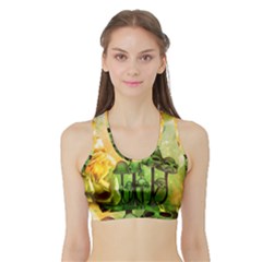 Awesome Funny Mushroom Skulls With Roses And Fire Sports Bra With Border by FantasyWorld7