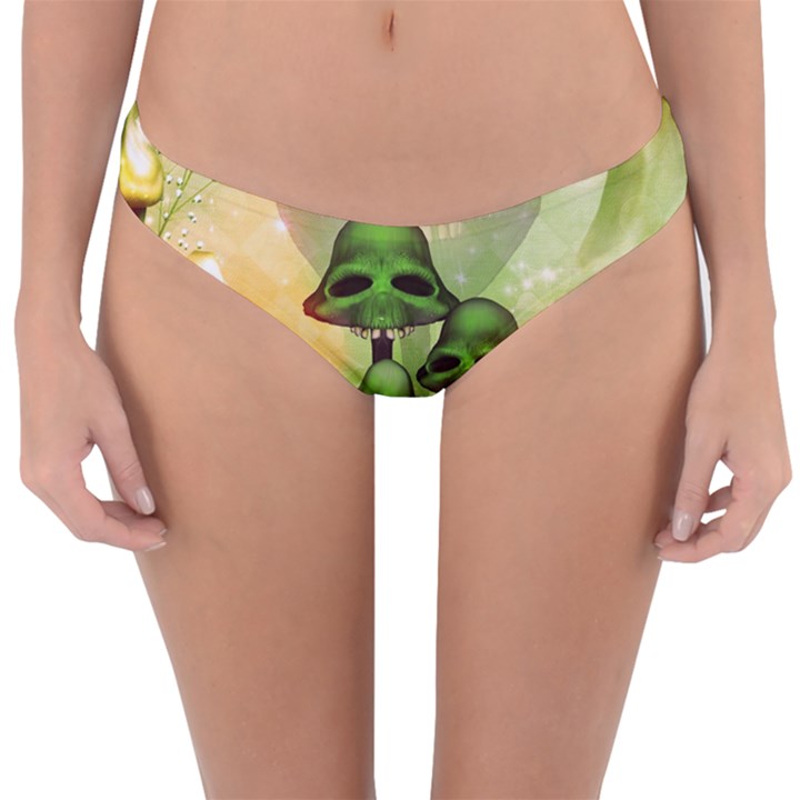 Awesome Funny Mushroom Skulls With Roses And Fire Reversible Hipster Bikini Bottoms