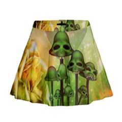 Awesome Funny Mushroom Skulls With Roses And Fire Mini Flare Skirt by FantasyWorld7