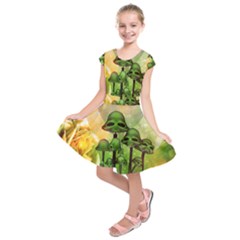 Awesome Funny Mushroom Skulls With Roses And Fire Kids  Short Sleeve Dress by FantasyWorld7