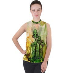 Awesome Funny Mushroom Skulls With Roses And Fire Mock Neck Chiffon Sleeveless Top by FantasyWorld7