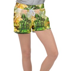 Awesome Funny Mushroom Skulls With Roses And Fire Women s Velour Lounge Shorts by FantasyWorld7