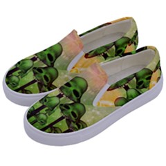 Awesome Funny Mushroom Skulls With Roses And Fire Kids  Canvas Slip Ons by FantasyWorld7