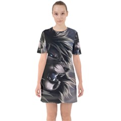 Angry Lion Digital Art Hd Sixties Short Sleeve Mini Dress by Sudhe