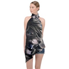 Angry Lion Digital Art Hd Halter Asymmetric Satin Top by Sudhe