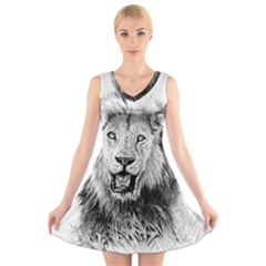 Lion Wildlife Art And Illustration Pencil V-neck Sleeveless Dress by Sudhe