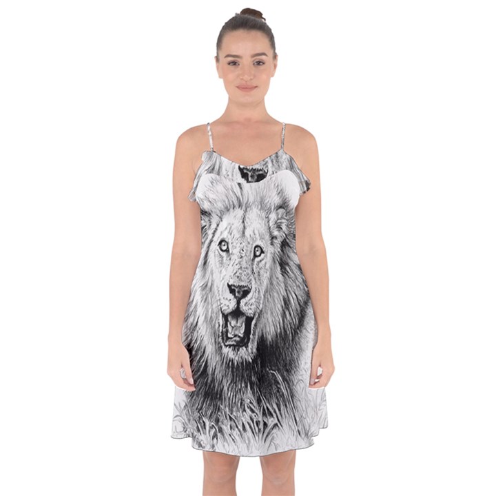 Lion Wildlife Art And Illustration Pencil Ruffle Detail Chiffon Dress