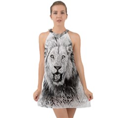 Lion Wildlife Art And Illustration Pencil Halter Tie Back Chiffon Dress by Sudhe