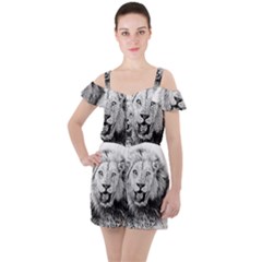 Lion Wildlife Art And Illustration Pencil Ruffle Cut Out Chiffon Playsuit by Sudhe