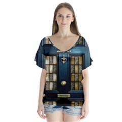 Tardis Sherlock Holmes 221b V-neck Flutter Sleeve Top by Sudhe