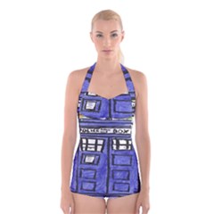 Tardis Painting Boyleg Halter Swimsuit  by Sudhe