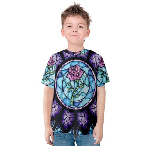 Cathedral Rosette Stained Glass Beauty And The Beast Kids  Cotton Tee by Sudhe