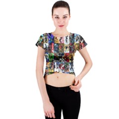 Comic Book Images Crew Neck Crop Top by Sudhe