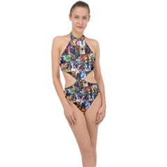 Comic Book Images Halter Side Cut Swimsuit by Sudhe