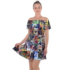 Comic Book Images Off Shoulder Velour Dress by Sudhe