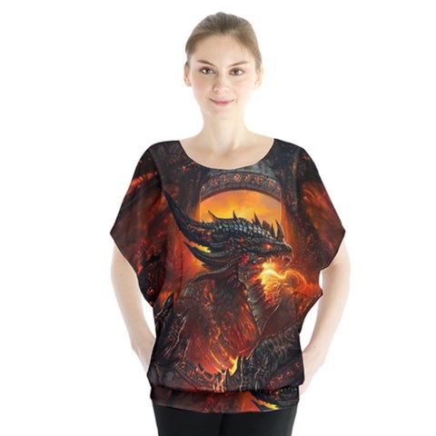 Dragon Legend Art Fire Digital Fantasy Batwing Chiffon Blouse by Sudhe