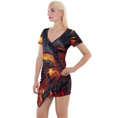 Dragon Legend Art Fire Digital Fantasy Short Sleeve Asymmetric Mini Dress by Sudhe