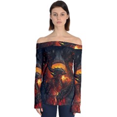 Dragon Legend Art Fire Digital Fantasy Off Shoulder Long Sleeve Top by Sudhe