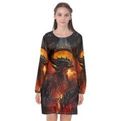 Dragon Legend Art Fire Digital Fantasy Long Sleeve Chiffon Shift Dress  by Sudhe