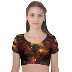 Dragon Legend Art Fire Digital Fantasy Velvet Short Sleeve Crop Top  by Sudhe