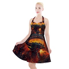 Dragon Legend Art Fire Digital Fantasy Halter Party Swing Dress  by Sudhe