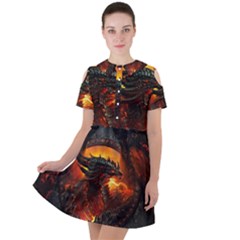 Dragon Legend Art Fire Digital Fantasy Short Sleeve Shoulder Cut Out Dress  by Sudhe