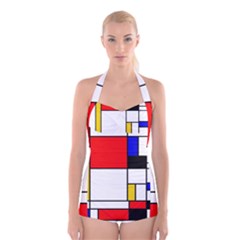 Bauhouse Mondrian Style Boyleg Halter Swimsuit  by lucia