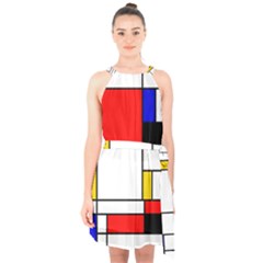 Bauhouse Mondrian Style Halter Collar Waist Tie Chiffon Dress by lucia