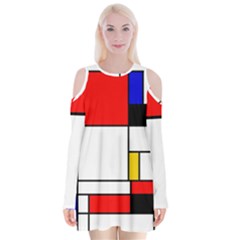 Bauhouse Mondrian Style Velvet Long Sleeve Shoulder Cutout Dress