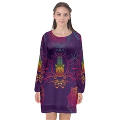 Boho Hamsa Mandala Long Sleeve Chiffon Shift Dress  by lucia