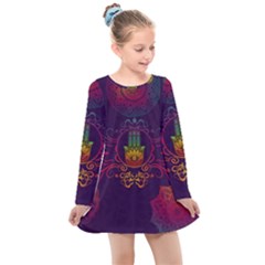 Boho Hamsa Mandala Kids  Long Sleeve Dress by lucia