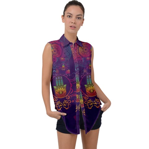 Boho Hamsa Mandala Sleeveless Chiffon Button Shirt by lucia