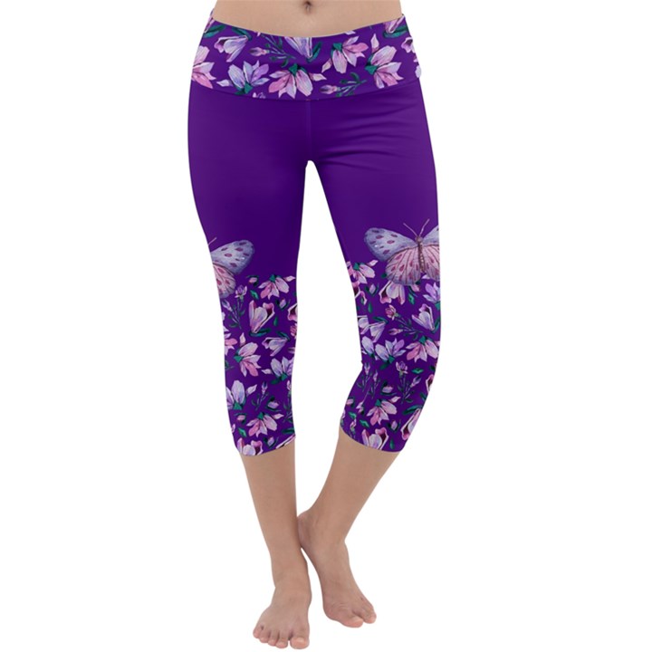 Purple Spring Butterfly Capri Yoga Leggings