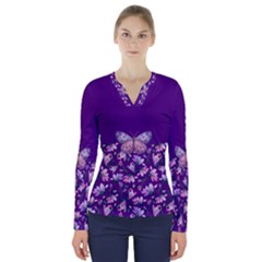 Purple Spring Butterfly V-neck Long Sleeve Top