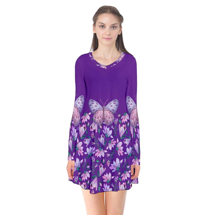 Purple Spring Butterfly Long Sleeve V-neck Flare Dress