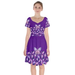 Purple Spring Butterfly Short Sleeve Bardot Dress