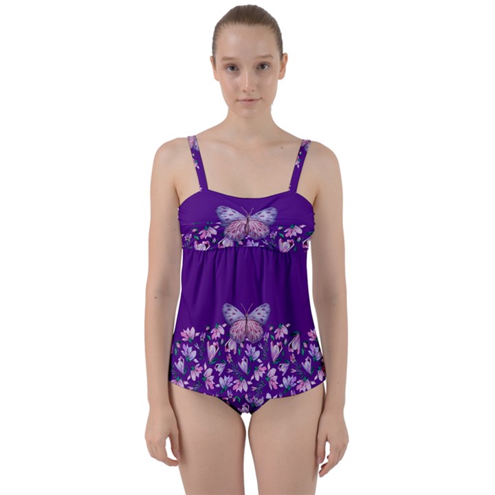 Purple Spring Butterfly Twist Front Tankini Set