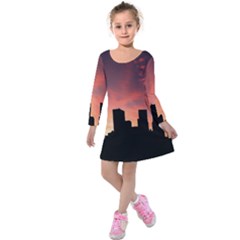 Skyline Panoramic City Architecture Kids  Long Sleeve Velvet Dress by Sudhe