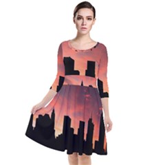 Skyline Panoramic City Architecture Quarter Sleeve Waist Band Dress by Sudhe