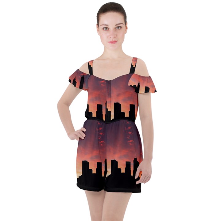 Skyline Panoramic City Architecture Ruffle Cut Out Chiffon Playsuit