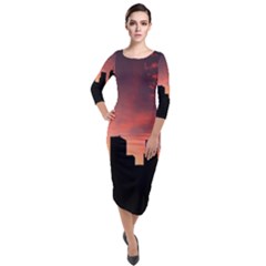 Skyline Panoramic City Architecture Quarter Sleeve Midi Velour Bodycon Dress by Sudhe