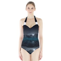 Skyline Night Star Sky Moon Sickle Halter Swimsuit by Sudhe