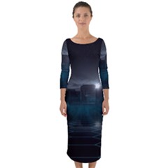 Skyline Night Star Sky Moon Sickle Quarter Sleeve Midi Bodycon Dress by Sudhe