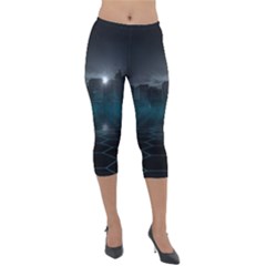 Skyline Night Star Sky Moon Sickle Lightweight Velour Capri Leggings  by Sudhe