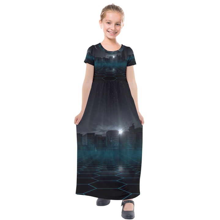 Skyline Night Star Sky Moon Sickle Kids  Short Sleeve Maxi Dress