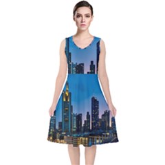 Frankfurt Germany Panorama City V-neck Midi Sleeveless Dress  by Sudhe