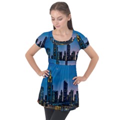 Frankfurt Germany Panorama City Puff Sleeve Tunic Top by Sudhe